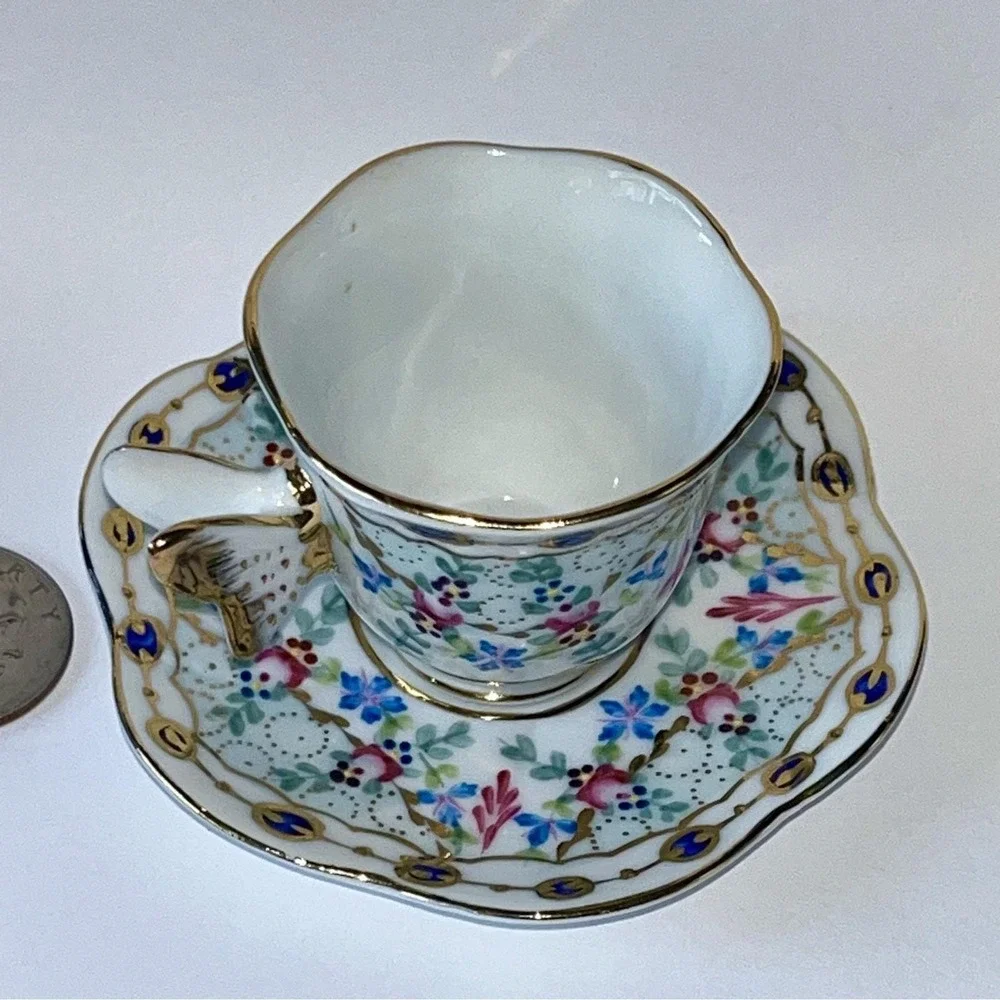 Past Times Miniature Cup & Saucer with Butterfly Handle Vintage Mini Porcelain